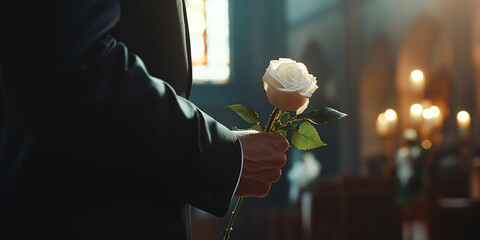 A man in a black suit holding a white rose against the backdrop of a wedding altar, a church in candlelight. Concept template groom waiting for the bride. Wedding agency advertising, with space for te