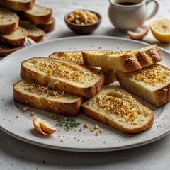 homemade grilled cheese sandwich for breakfast A delicious plate of French toast with melted butter Slices of artisanal bread arranged on a wooden cutting board, ready to be served with toppings