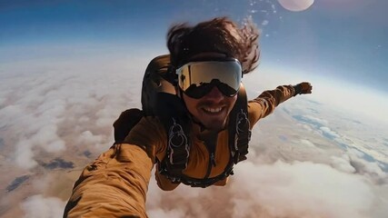 an adventure lover sky diving free fall and taking a selfie