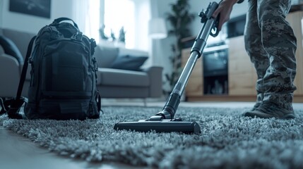 Fototapeta premium An industrial carpet cleaner targets a dirty area rug, employing robust suction to eliminate dirt and stains, fostering a cleaner and healthier living space