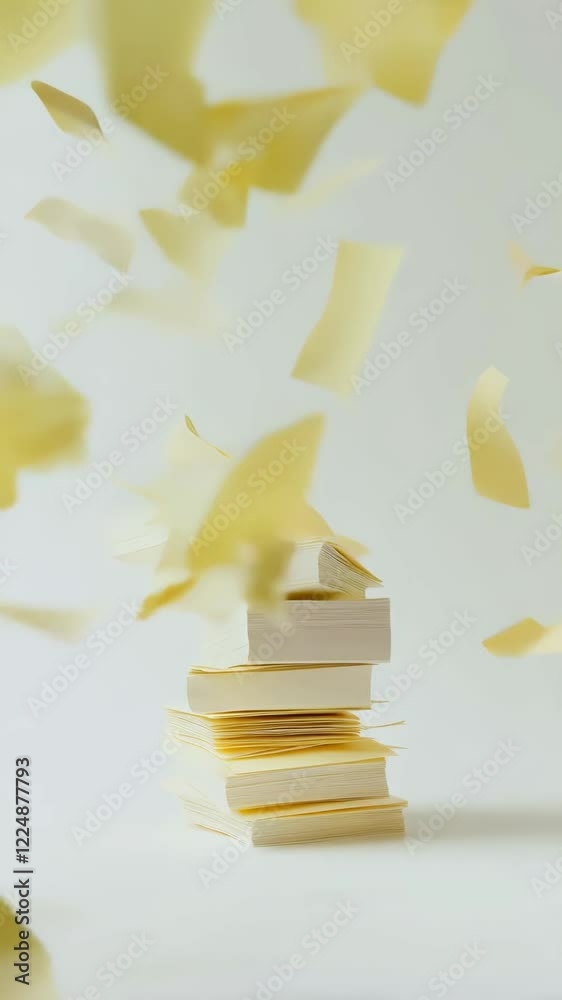 Poster Several yellow sticky notes are levitating around a stack of sticky notes, creating a dynamic and captivating scene against a clean white backdrop