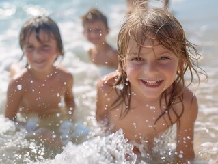 Obraz premium children playing in water at mediterranean beach