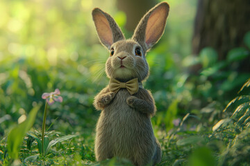 Obraz premium A fluffy rabbit standing upright in a forest with a thoughtful expression.