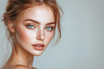 Naklejka premium A professional headshot of a woman with clean makeup, captured in a photography studio.