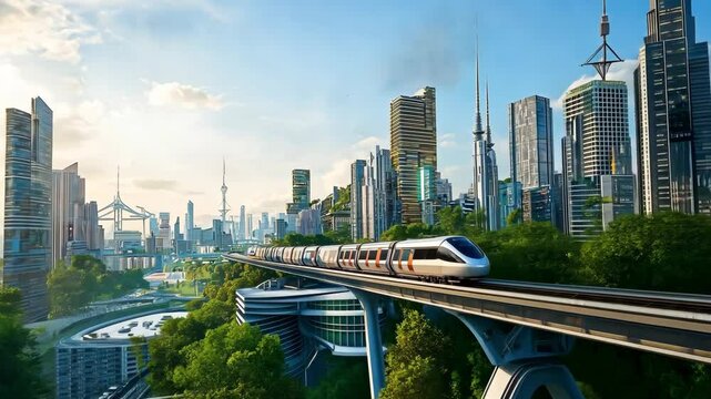The cityscape with buildings and green trees, futuristic electric train, flying cars and airships floating above the sky. Future world, Future of urban. Transportation concept	