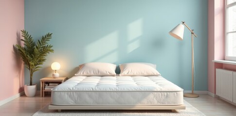 Fototapeta premium Serene Bedroom with Minimalist Decor and Soft Lighting Featuring a Comfortable Mattress on a Platform Bed