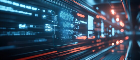 A futuristic digital corridor with glowing lines and data displays, conveying a sense of advanced technology and digital information flow.