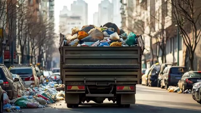 A garbage truck collecting waste on a city street, Truck is filled with trash	