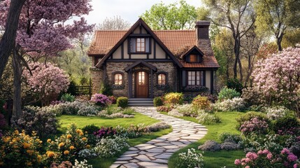 A quaint English countryside cottage surrounded by blooming gardens and a stone pathway.