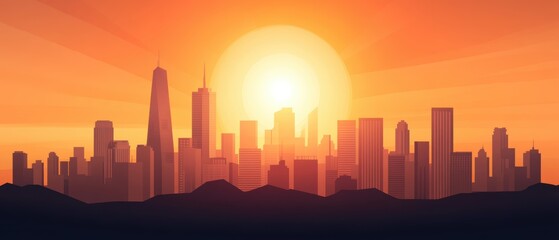 Obraz premium A vibrant sunset casts a warm glow over a city skyline, silhouetting tall buildings against an orange and yellow sky.