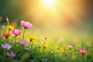 Fototapeta premium Golden Hour Meadow Vibrant wildflowers bathed in warm sunlight, a serene landscape of blossoming beauty and natural tranquility.