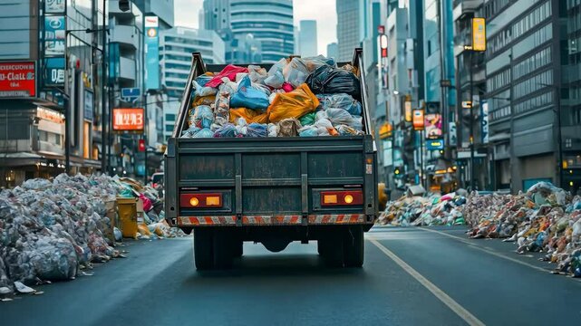 A garbage truck collecting waste on a city street, Truck is filled with trash	v
