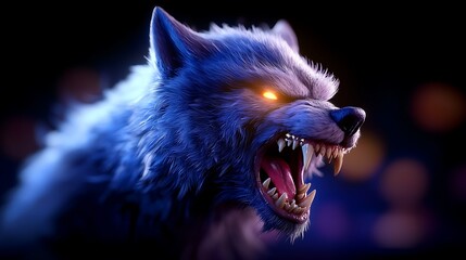 Glowing Eyes Of A Mythical Werewolf In The Night