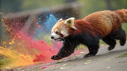 Fototapeta premium Playful Red Panda Running Amidst Colorful Paint Splatter - Vibrant Wildlife Stock Photo