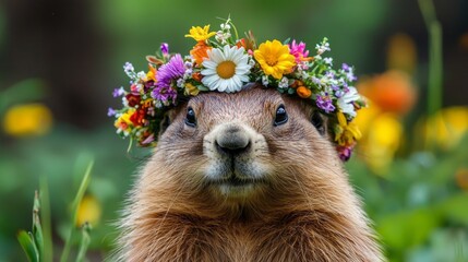 A delightful groundhog sports a beautiful flower crown, surrounded by colorful blooms in a vibrant meadow. This enchanting creature radiates joy amidst nature's bounty