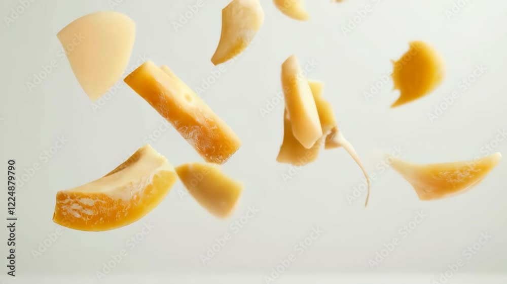 Poster delicious pieces of cheese in various sizes levitating against a clean, minimal white background cre