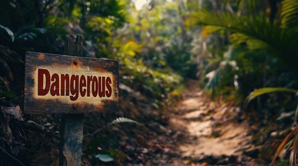 Obraz premium Warning Sign in a Dense Jungle Path