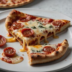 pizza with salami and cheese A delicious pizza slice with melted cheese, tomatoes, and olives on a white plate. Pepperoni Baguette Pizzas

