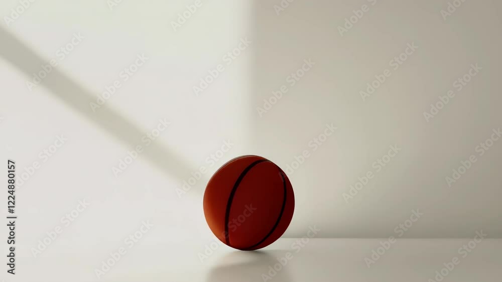 Poster Single basketball levitates in a minimalist white room, illuminated by a triangular beam of light, creating a surreal and artistic atmosphere
