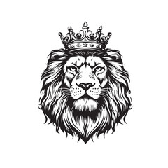 Obraz premium Vector of lion head wearing royal crown, detailed illustration art with flowing mane in heraldic style. Wildlife Animals.