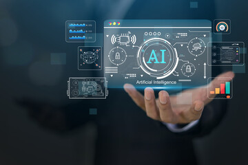 Ai technology concept with artificial intelligence chatbot and generative smart system, robotic, deep learning network, digital assistant, machine learning, algorithm, innovation and data processing