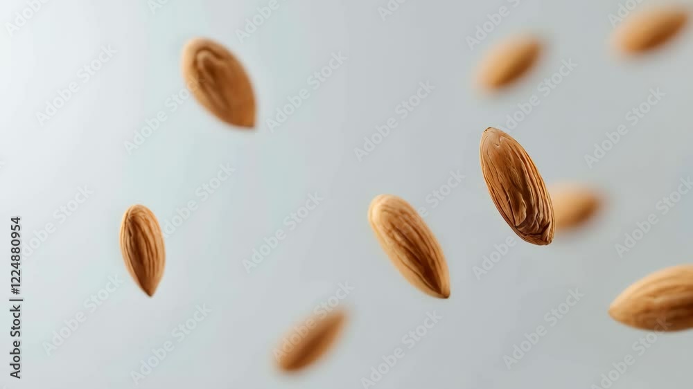 Poster many almonds are levitating on a light blue background, creating a visually appealing arrangement th