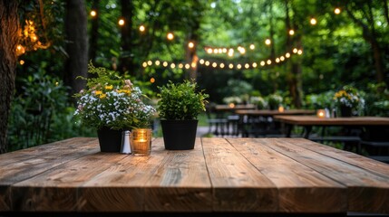 Fototapeta premium Rustic outdoor table, evening garden party, string lights, plants