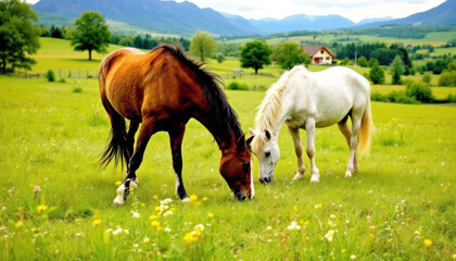Two Horses Grazing in a Serene Meadow