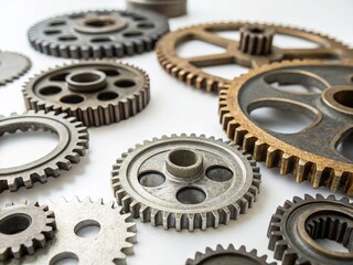 Precision Metal Gears Isolated on White Background - Industrial Engineering Parts