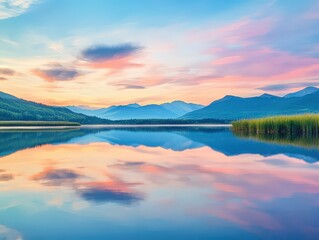Fototapeta premium A tranquil cosmos meadow reflected perfectly in the still waters of a nearby lake, with distant mountains in the background.