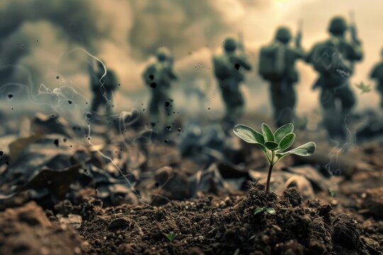 Piccola piantina che cresce in mezzo a un campo di battaglia, a simboleggiare la nascita di soluzioni economiche sostenibili dalle difficolt&agrave;