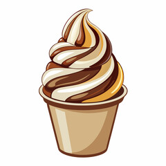 Vanilla soft serve ice cream with chocolate syrup in plastic cup isolated on white background.