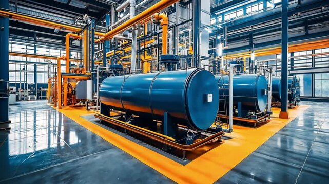 Interior of modern industrial boiler room with large metal tanks and pipes at industry factory	