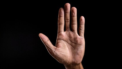 human hand in a stop gesture with palm facing outward, fingers extended, signaling warning, refusal, and caution, against a dark background with dramatic lighting emphasizing the details
