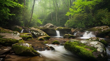 Serene forest stream with moss-covered rocks and flowing water in lush greenery