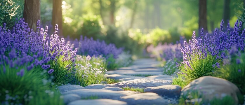 Stone path through lavender field with sunlight filtering through trees in a tranquil garden