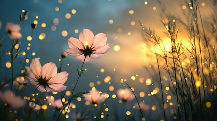 A whimsical cosmos flower meadow, with glowing fairies flying between the blossoms under moonlight.