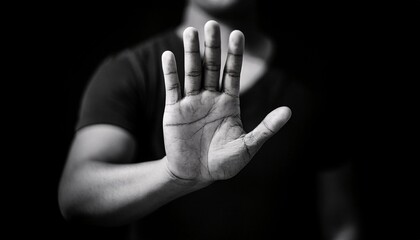 human hand in a stop gesture, palm facing outward with fingers extended, symbolizing warning, refusal, caution, or communication, captured in dramatic black and white against a dark background
