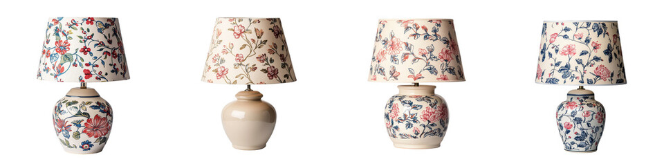 A collection of elegant floral patterned lamps and ceramic vases adorning a cozy and inviting home...