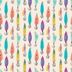 Fishing lures seamless pattern. Fishing hobby endless print. Perfect for wallpaper, fabric, wrapping, packaging, stationery, crafts, home decor, and fishing-themed gifts.
