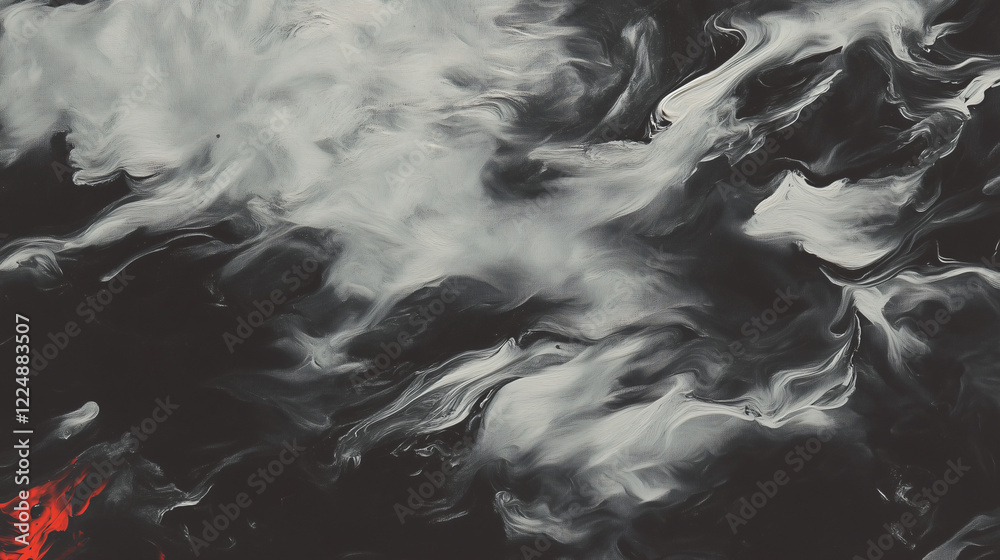 Poster abstract ink swirl: monochromatic chaos of black and white ink swirls with a single splash of red, c