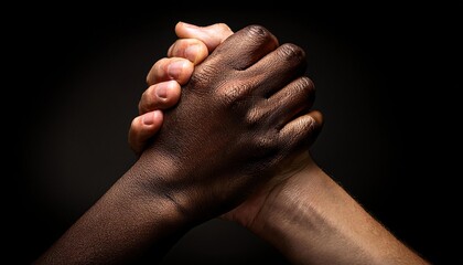 Fototapeta premium two human hands clasped together in a strong grip, symbolizing unity, friendship, support, teamwork, and solidarity, with interlocked fingers and contrasting skin tones, captured in dramatic lighting 
