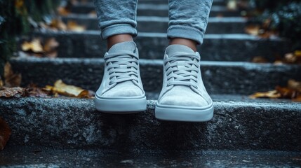 Feet in grey sneakers climbing concrete stairs with muted tones and sharp details