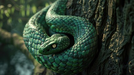 A realistic green snake coiled around a tree, nature background