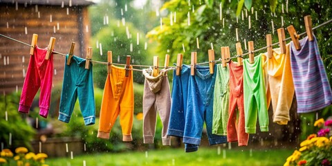 Rainy Day Laundry: Wet Clothes Hanging on a Washing Line with Pegs