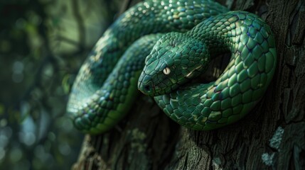 Fototapeta premium A realistic green snake coiled around a tree, nature background