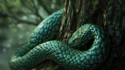 A realistic green snake coiled around a tree, nature background
