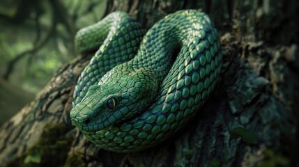 Obraz premium A realistic green snake coiled around a tree, nature background