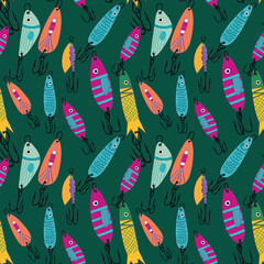 Fishing lures seamless pattern. Fishing hobby endless print. Perfect for wallpaper, fabric, wrapping, packaging, stationery, crafts, home decor, and fishing-themed gifts.