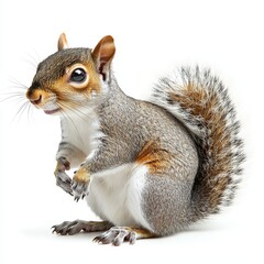 An adorable squirrel isolated on a clean white background with a cut-out effect, showcasing its playful and charming nature, perfect for wildlife, nature, or educational themes.